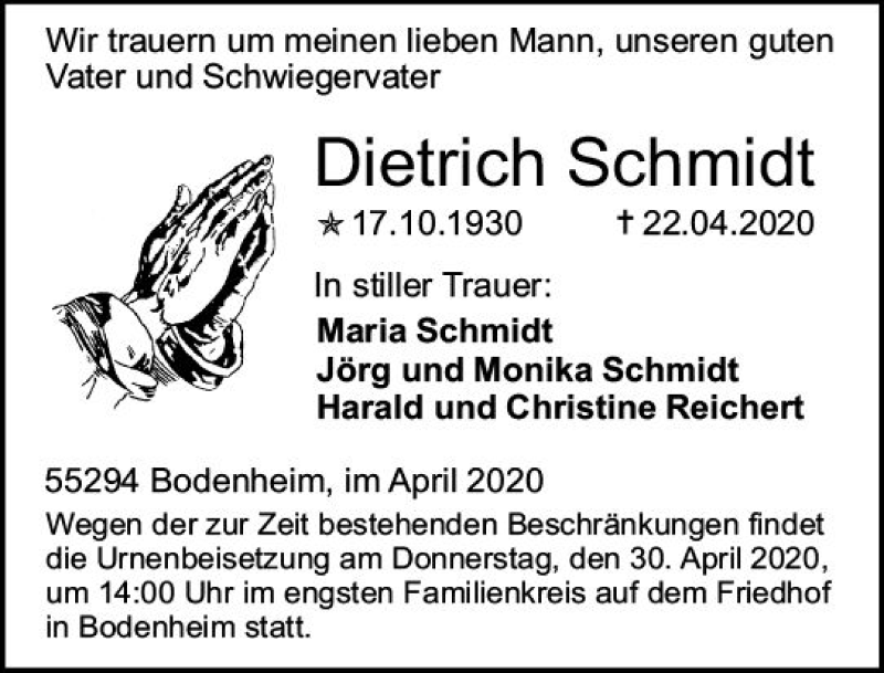  Traueranzeige für Dietrich Schmidt vom 25.04.2020 aus vrm-trauer
