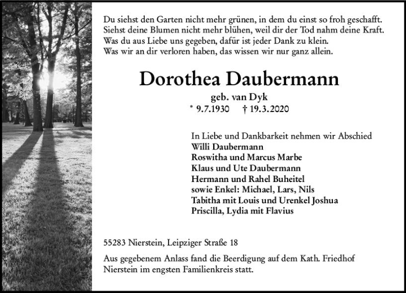  Traueranzeige für Dorothea Daubermann vom 28.03.2020 aus vrm-trauer