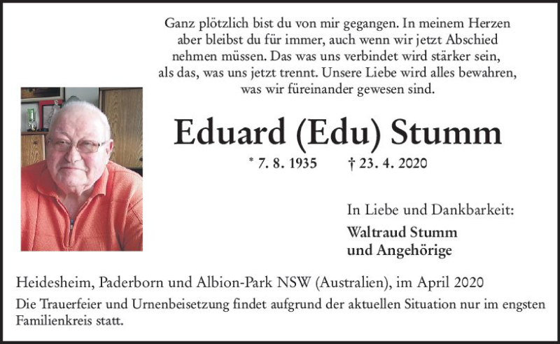  Traueranzeige für Eduard  Stumm vom 29.04.2020 aus vrm-trauer