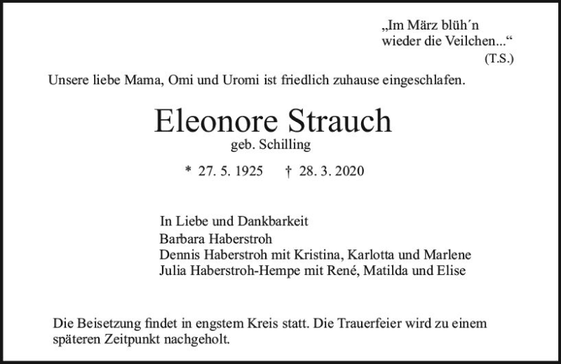  Traueranzeige für Eleonore Strauch vom 04.04.2020 aus vrm-trauer
