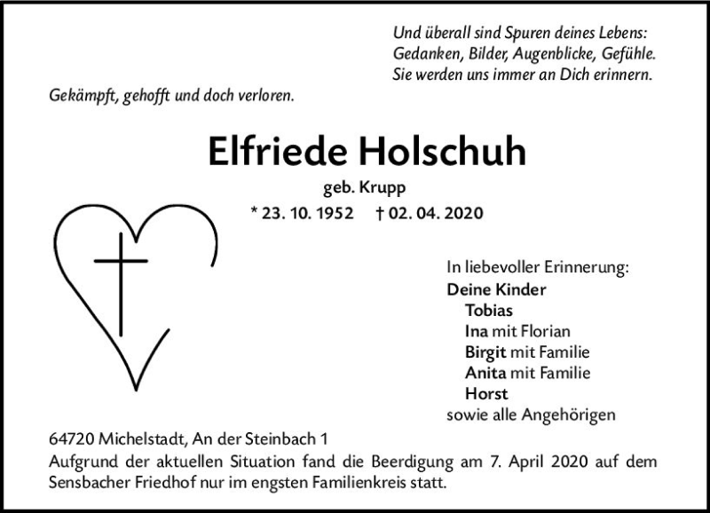  Traueranzeige für Elfriede Holschuh vom 11.04.2020 aus vrm-trauer