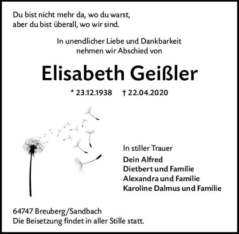  Traueranzeige für Elisabeth Geißler vom 29.04.2020 aus vrm-trauer