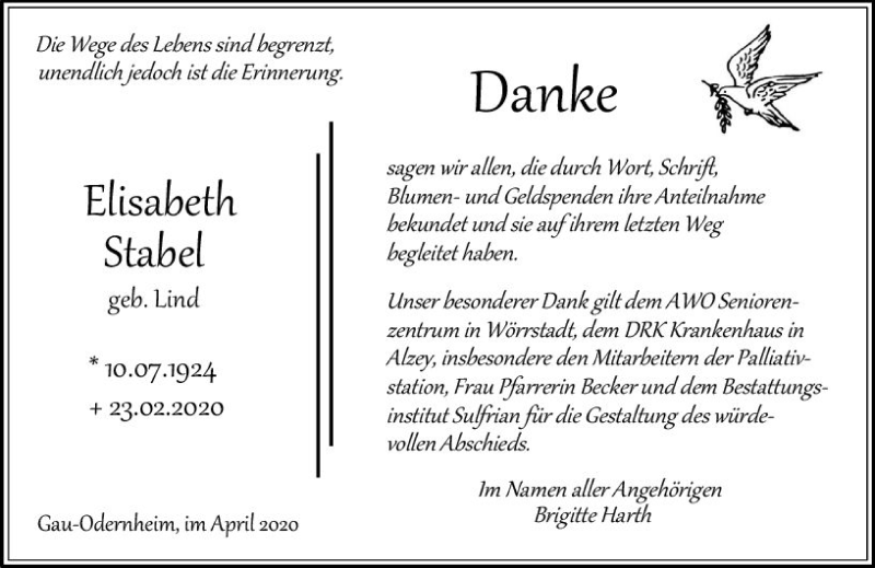  Traueranzeige für Elisabeth Stabel vom 25.04.2020 aus vrm-trauer