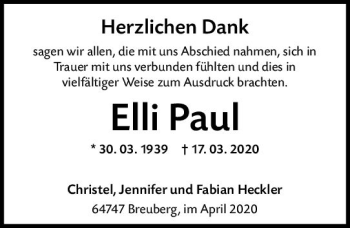 Traueranzeige von Elli Paul von vrm-trauer