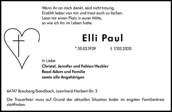 Traueranzeige von Elli Paul von vrm-trauer