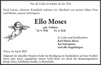 Traueranzeige von Ello Moses von vrm-trauer