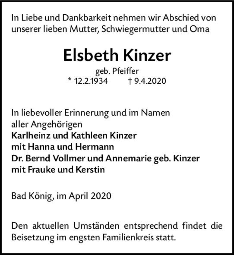  Traueranzeige für Elsbeth Kinzer vom 18.04.2020 aus vrm-trauer