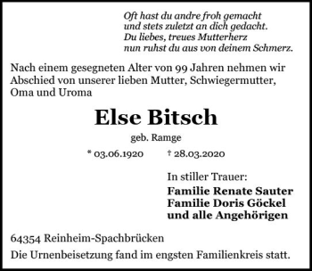 Traueranzeige von Else Bitsch von vrm-trauer