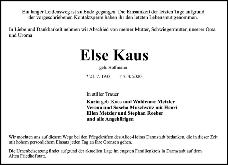  Traueranzeige für Else Kaus vom 11.04.2020 aus vrm-trauer