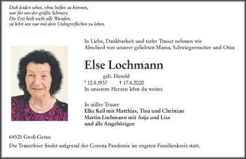 Traueranzeige von Else Lochmann von vrm-trauer