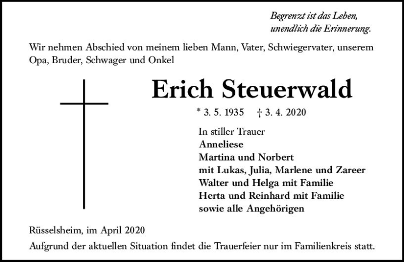  Traueranzeige für Erich Steuerwald vom 11.04.2020 aus vrm-trauer