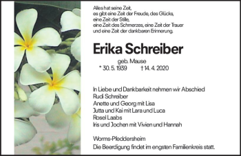 Traueranzeige von Erika Schreiber von vrm-trauer