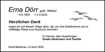 Traueranzeige von Erna Dörr von vrm-trauer