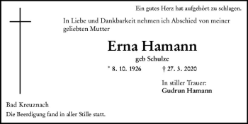 Traueranzeige von Erna Hamann von vrm-trauer