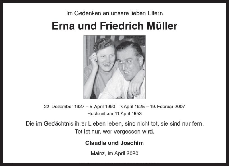  Traueranzeige für Erna und Friedrich Müller vom 04.04.2020 aus vrm-trauer