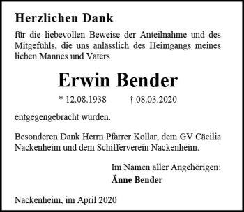 Traueranzeige von Erwin Bender von vrm-trauer