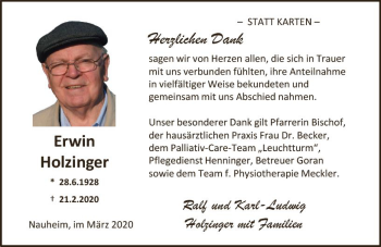 Traueranzeige von Erwin Holzinger von vrm-trauer