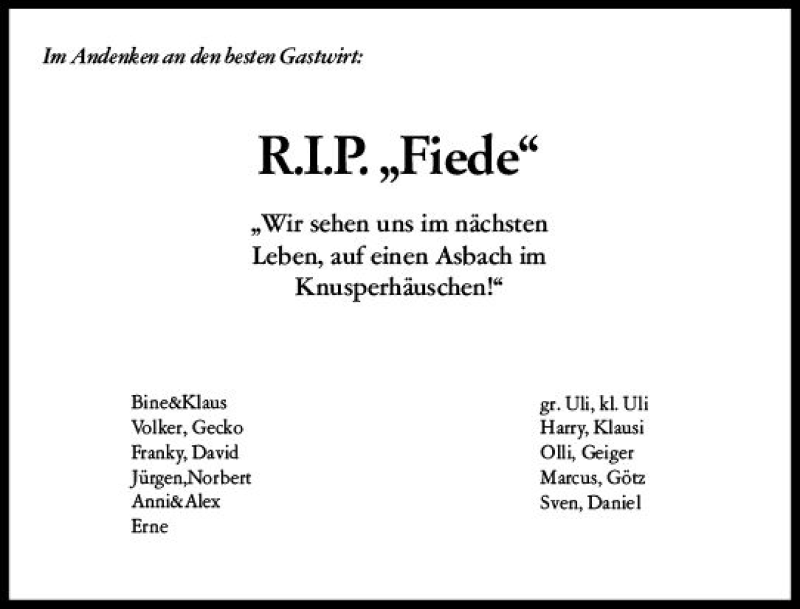  Traueranzeige für Fiede  vom 11.04.2020 aus vrm-trauer