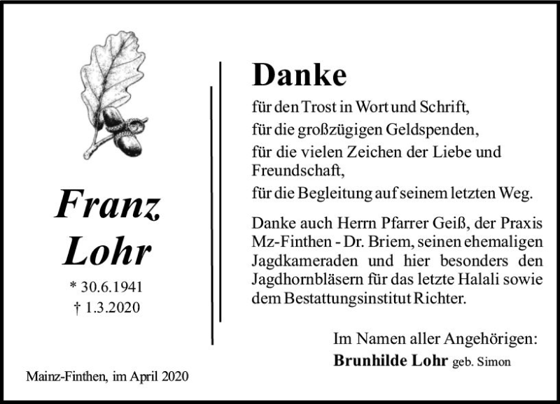 Traueranzeige für Franz Lohr vom 04.04.2020 aus vrm-trauer