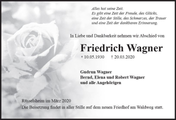 Traueranzeige von Friedrich Wagner von vrm-trauer
