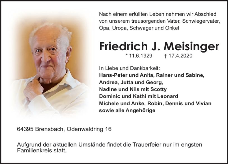  Traueranzeige für Friedrich J. Meisinger vom 22.04.2020 aus vrm-trauer