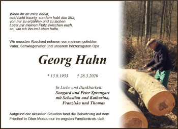 Traueranzeige von Georg Hahn von vrm-trauer