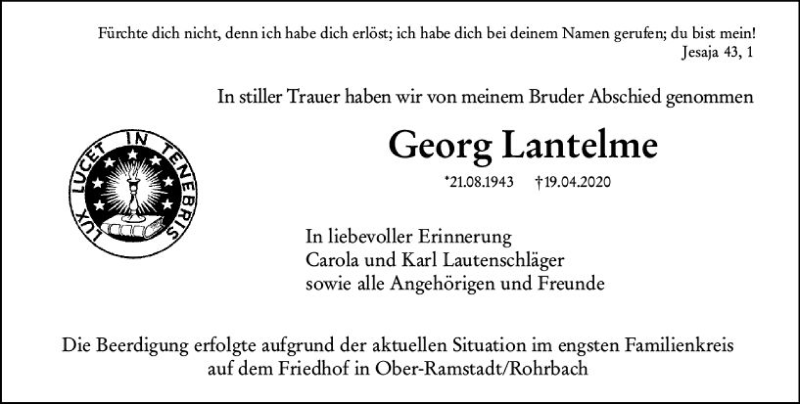  Traueranzeige für Georg Lantelme vom 25.04.2020 aus vrm-trauer