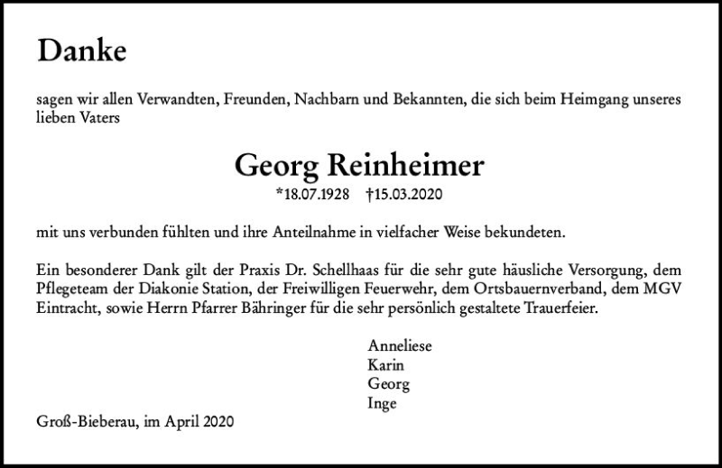  Traueranzeige für Georg Reinheimer vom 25.04.2020 aus vrm-trauer