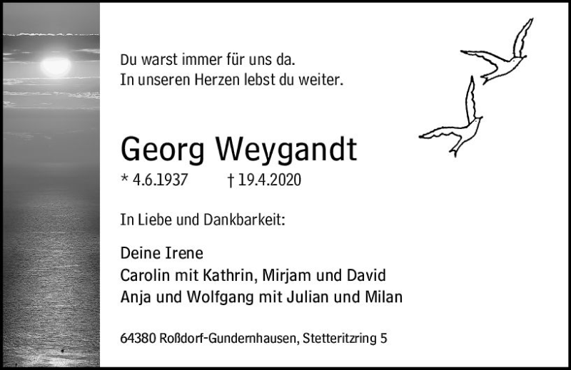  Traueranzeige für Georg Weygandt vom 25.04.2020 aus vrm-trauer