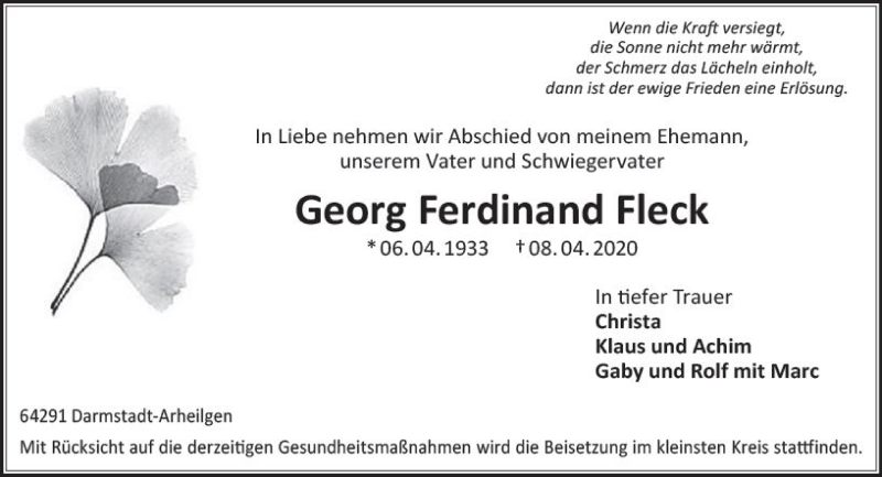  Traueranzeige für Georg Ferdinand Fleck vom 18.04.2020 aus vrm-trauer