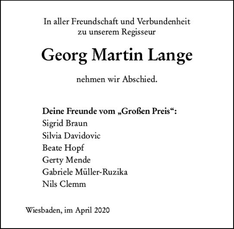  Traueranzeige für Georg Martin Lange vom 18.04.2020 aus vrm-trauer