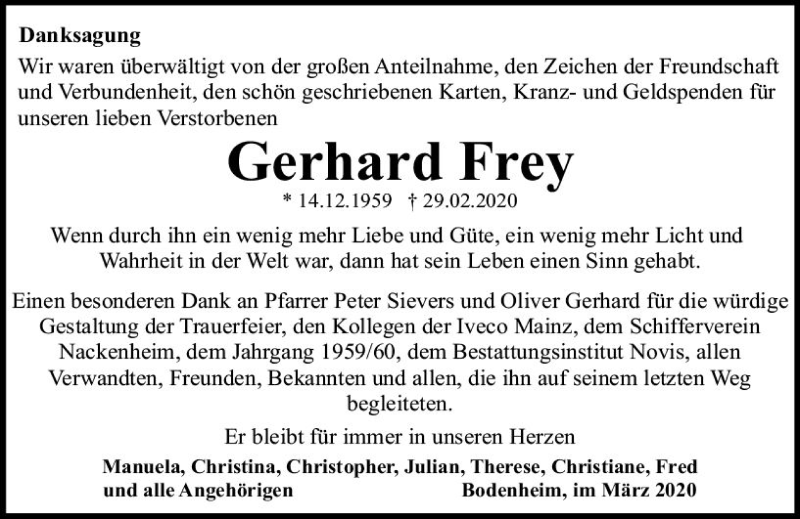  Traueranzeige für Gerhard Frey vom 28.03.2020 aus vrm-trauer