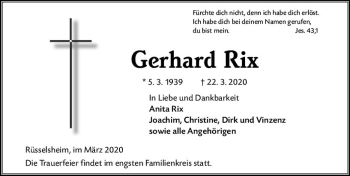 Traueranzeige von Gerhard Rix von vrm-trauer