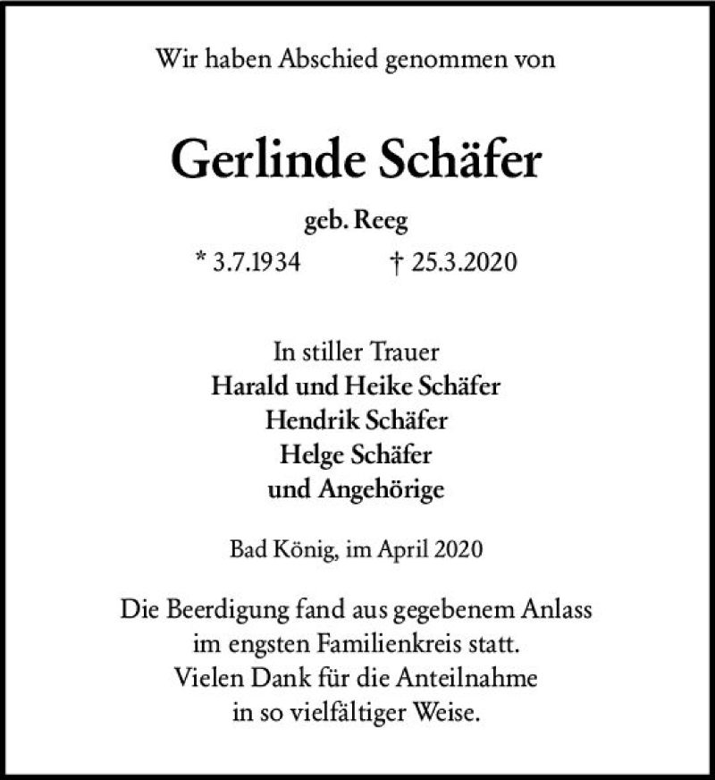  Traueranzeige für Gerlinde Schäfer vom 04.04.2020 aus vrm-trauer