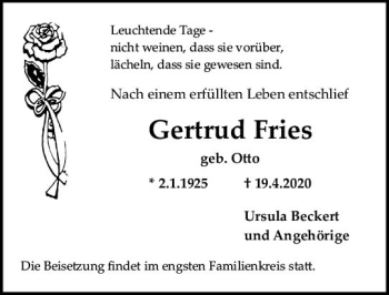 Traueranzeige von Gertrud Fries von vrm-trauer