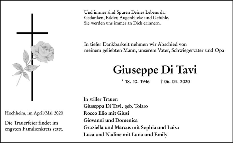  Traueranzeige für Giuseppe Di Tavi vom 30.04.2020 aus vrm-trauer