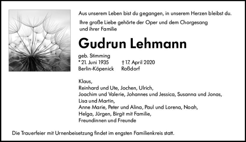  Traueranzeige für Gudrun Lehmann vom 25.04.2020 aus vrm-trauer