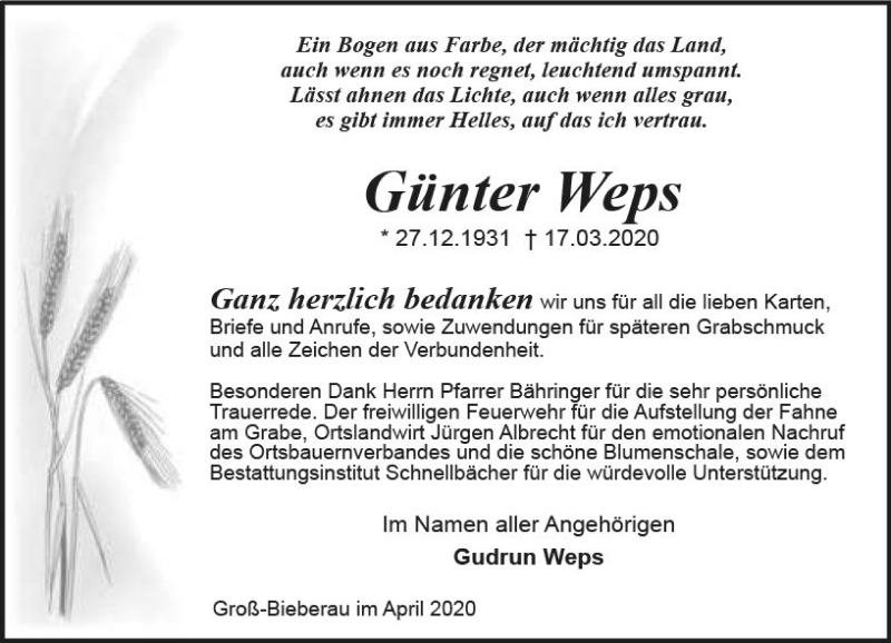  Traueranzeige für Günter Weps vom 11.04.2020 aus vrm-trauer
