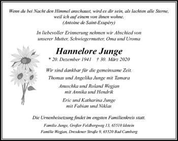 Traueranzeige von Hannelore Junge von vrm-trauer