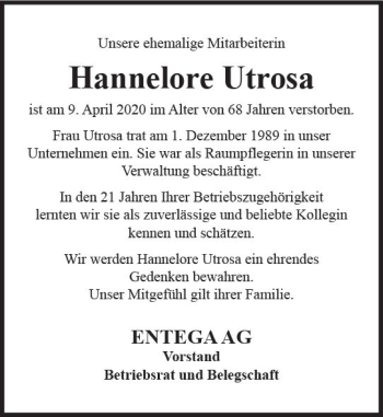 Traueranzeige von Hannelore Utrosa von vrm-trauer