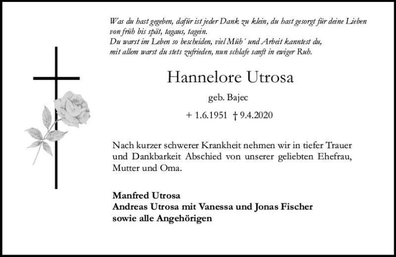  Traueranzeige für Hannelore Utrosa vom 25.04.2020 aus vrm-trauer