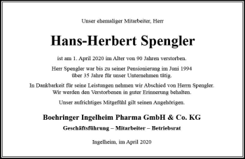 Traueranzeige von Hans-Herbert Spengler von vrm-trauer