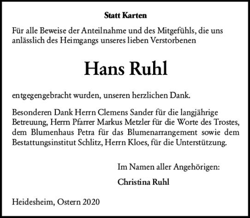 Traueranzeige für Hans Ruhl vom 11.04.2020 aus vrm-trauer