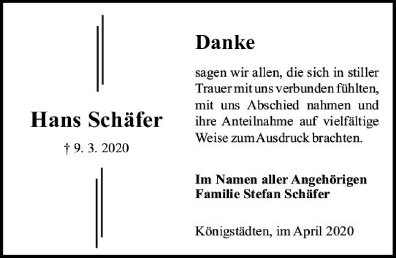  Traueranzeige für Hans Schäfer vom 04.04.2020 aus vrm-trauer
