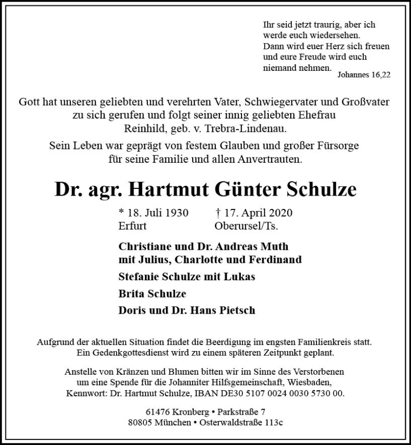  Traueranzeige für Hartmut Günter Schulze vom 25.04.2020 aus vrm-trauer