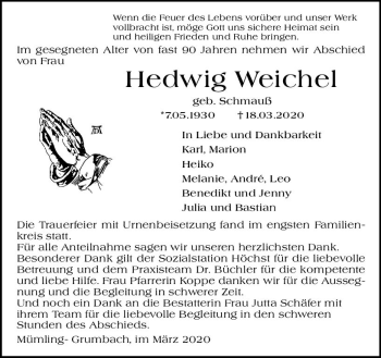 Traueranzeige von Hedwig Weichel von vrm-trauer