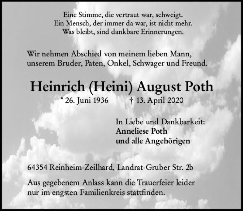  Traueranzeige für Heinrich August Poth vom 25.04.2020 aus vrm-trauer