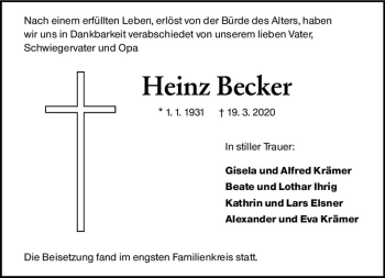 Traueranzeige von Heinz Becker von vrm-trauer