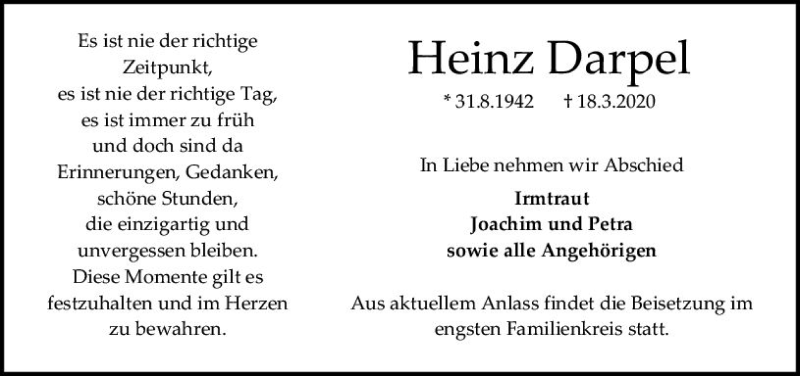  Traueranzeige für Heinz Darpel vom 04.04.2020 aus vrm-trauer