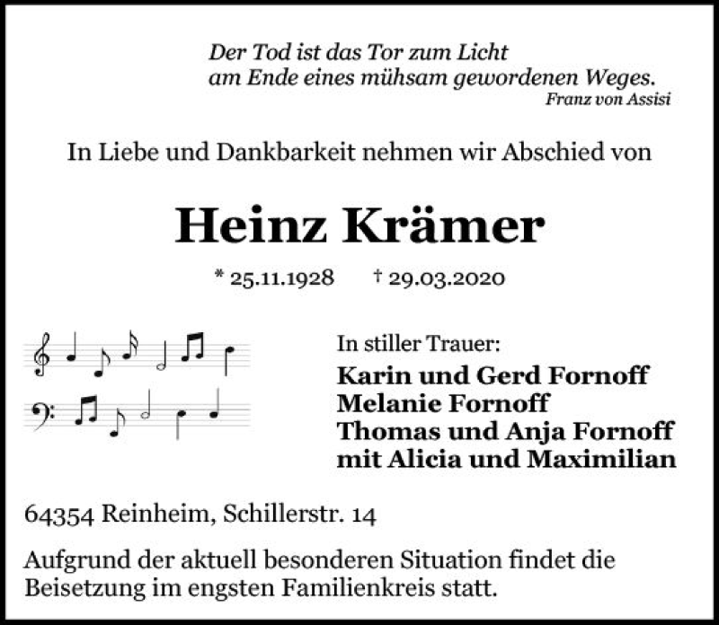  Traueranzeige für Heinz Krämer vom 04.04.2020 aus vrm-trauer